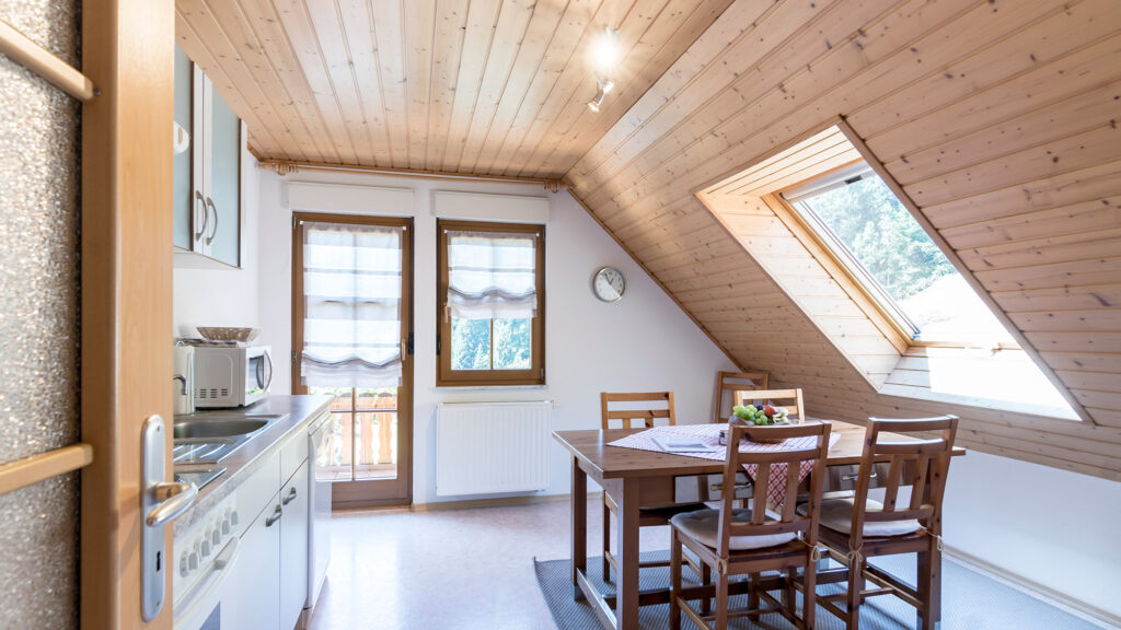 Küche in der Ferienwohnung Wolkenheim mit Zugang zum Balkon